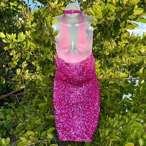Fashion Nova Pink Sequin Corset Mini Dress Size M 8 Halter Velvet Stretch Party - Picture 7 of 16